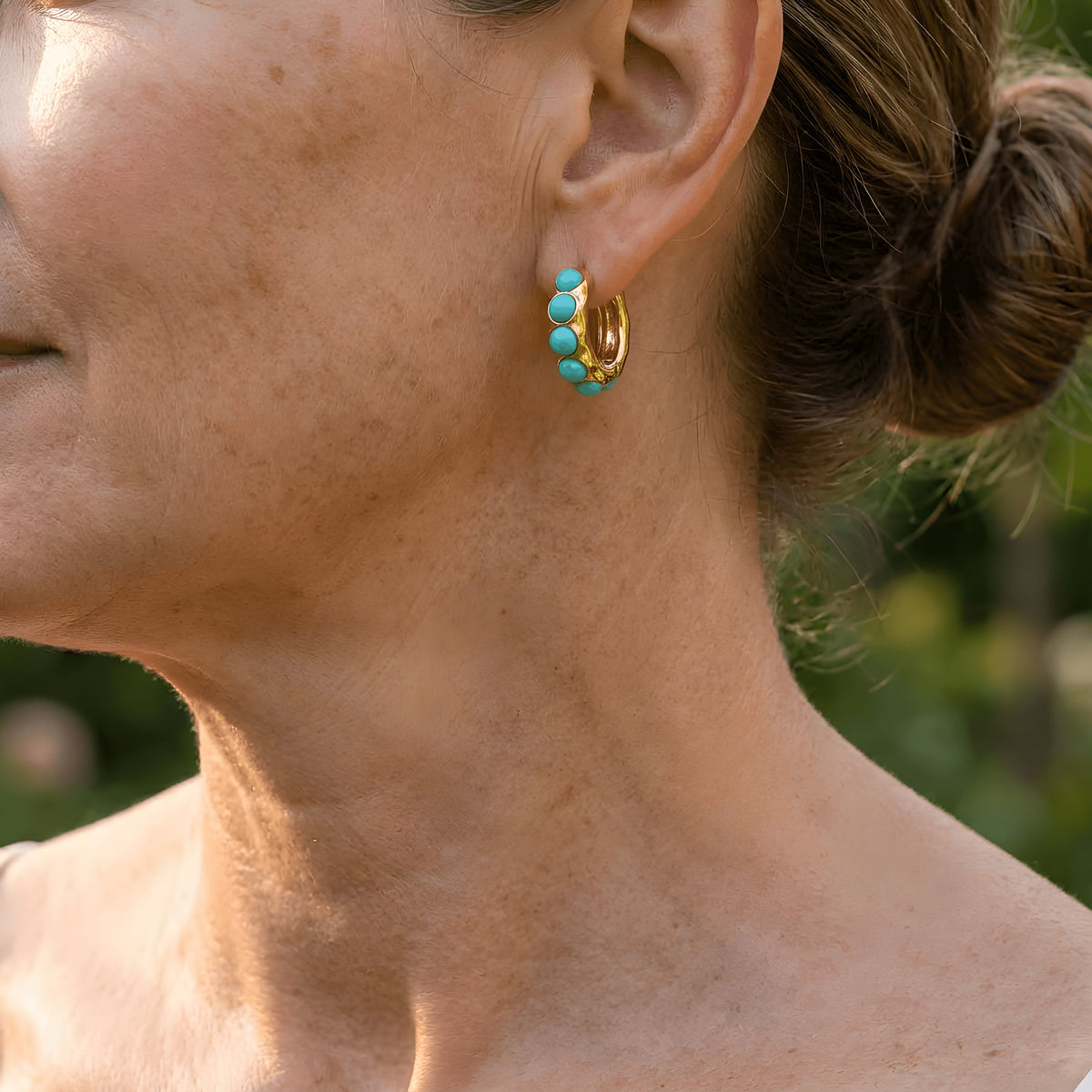 Bold Turquoise Stone Sculpted Hoop Earrings